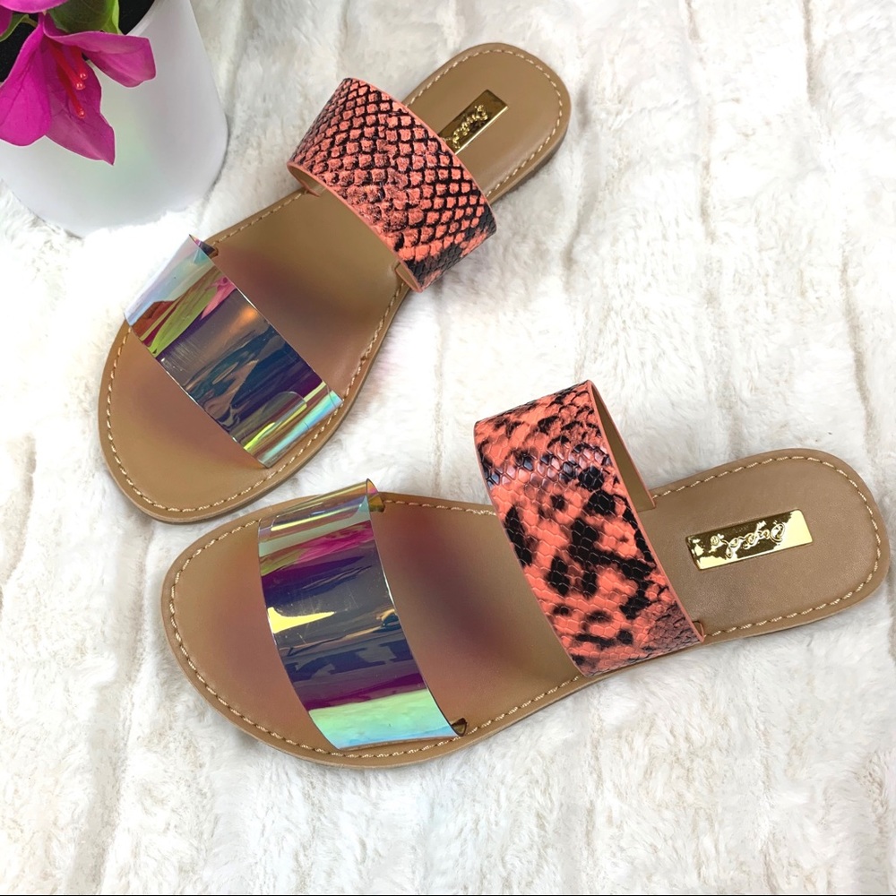 Iridescent snake skin slide Sandals